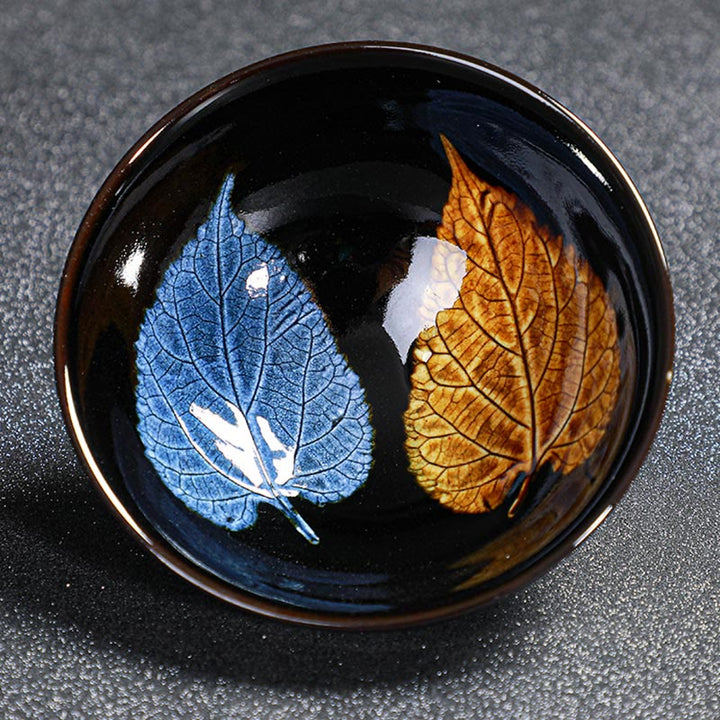 Matcha Schale Goldahorn Tenmoku Jianzhan Ahornblatt Gold-Blau