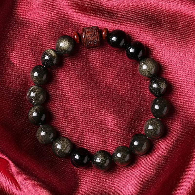 Armband Obsidian Om Mani Padme Hum schwarze Perlen Heilstein elastisch