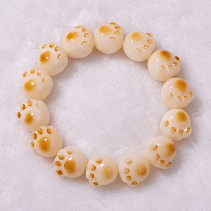 Bodhi Katze Armband mit goldenem Muster cremefarbene Perlen Naturstein