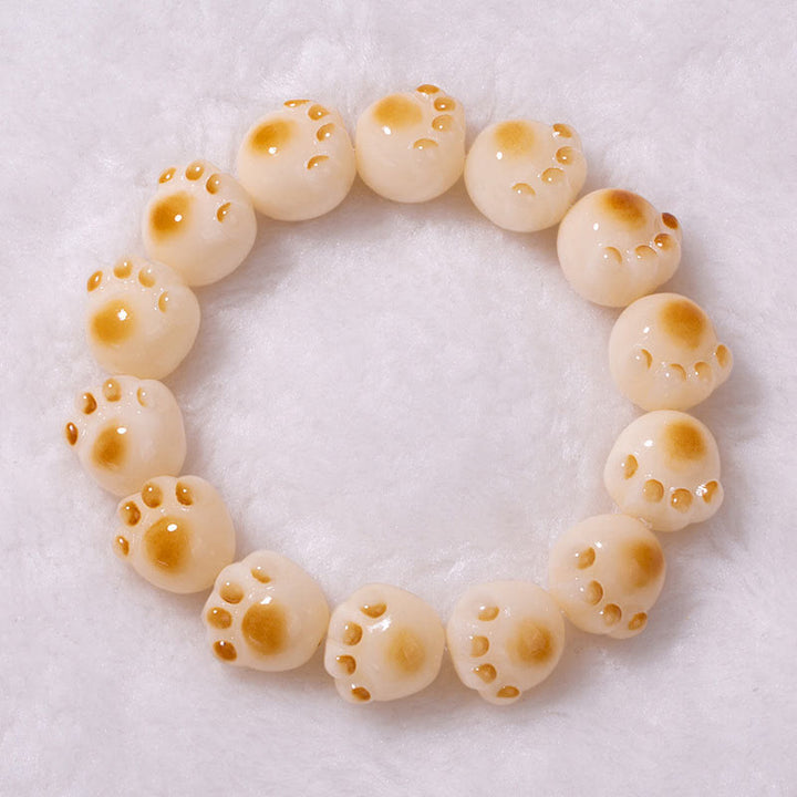 Bodhi Katze Armband mit goldenem Muster cremefarbene Perlen Naturstein