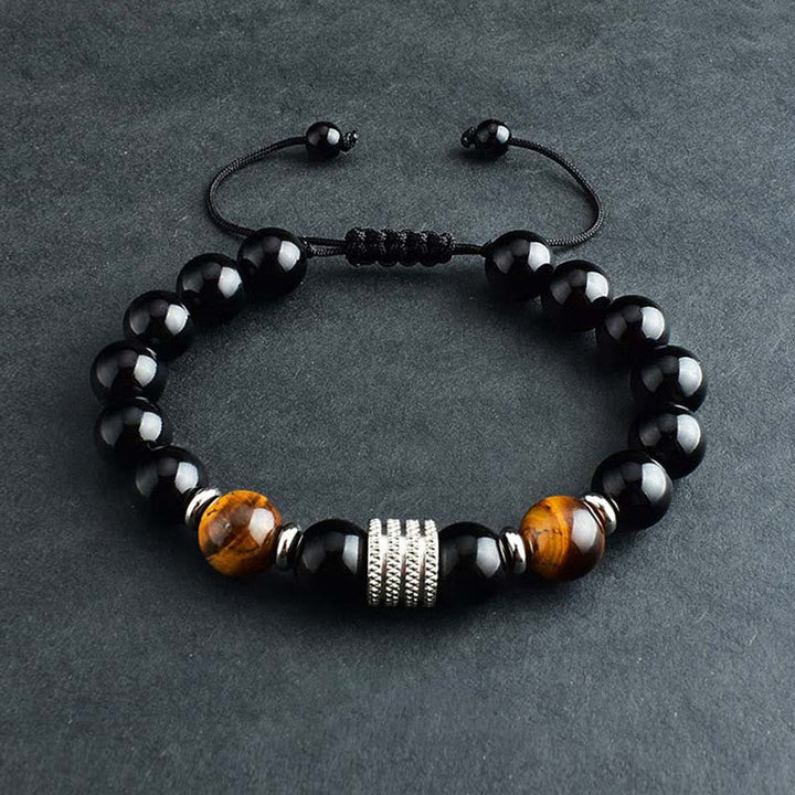 Armband Schwarzer Obsidian Tigerauge – Stärke mit silbernen Elementen