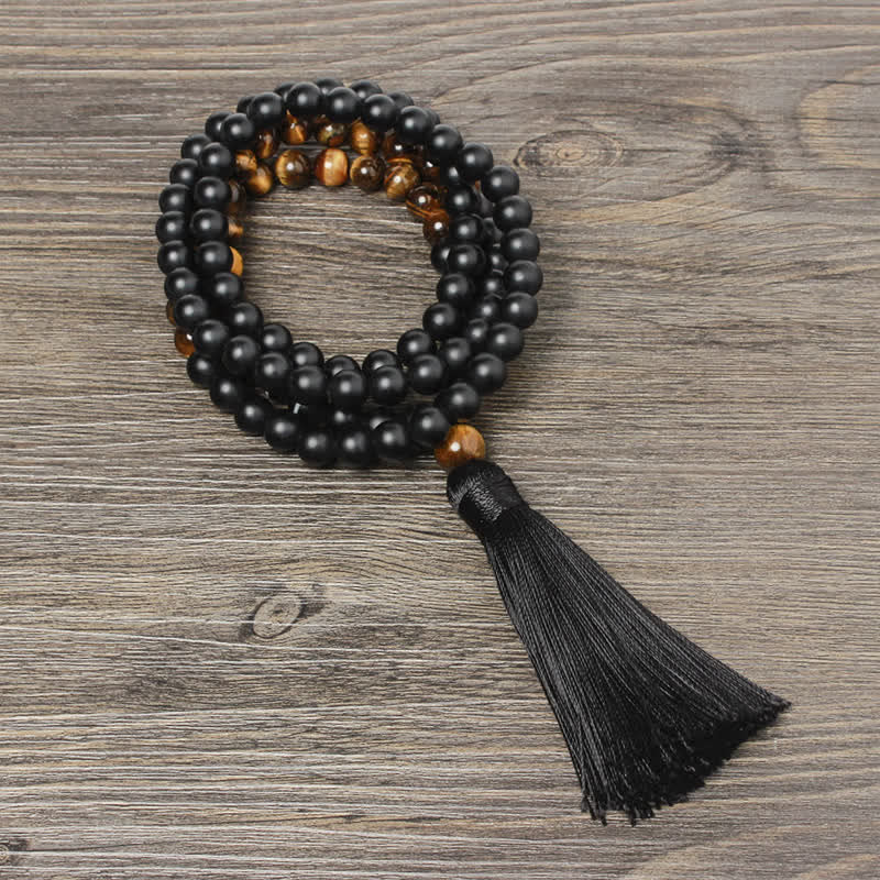 Kette Schwarzer Onyx Tigerauge Glück Mala Quaste