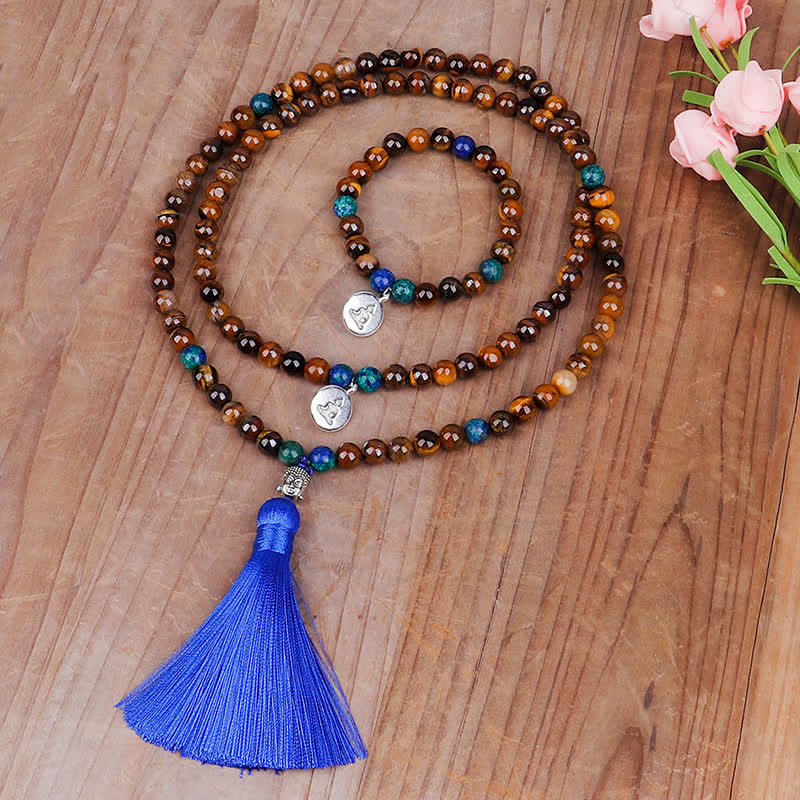 Mala 108 Perlen Tigerauge – Stärke braun blau Quaste Holz