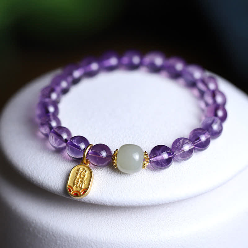 Armband Amethyst Kristall Heilstein mit Jade und goldenem Anhänger elastisch.