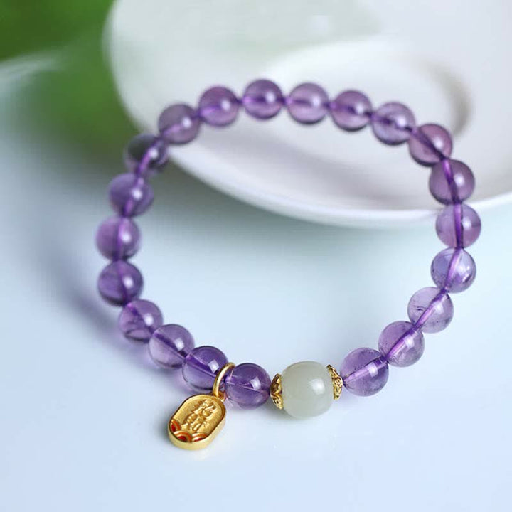 Armband Amethyst Kristall lila Perlen elfenbein Stein gold Anhänger