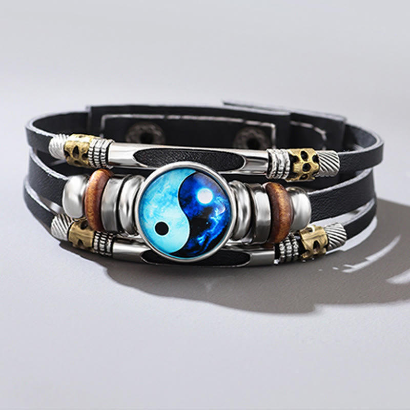 Armband Yin Yang – Balance Energie schwarzes Leder Naturstein blau