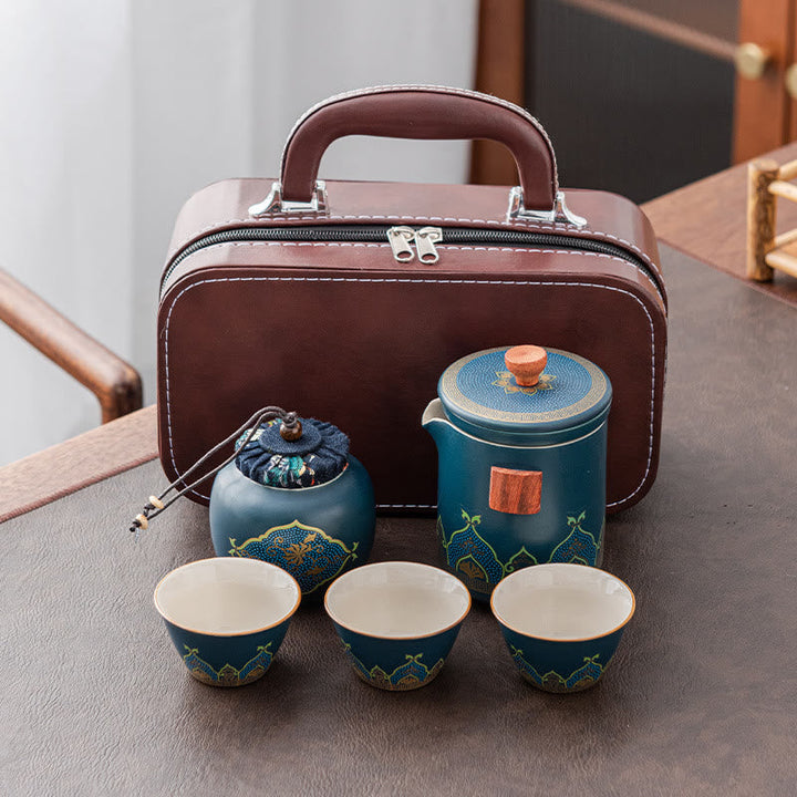 Teeset Cyan / 1 Kanne+3 Tassen+1 Handtasche+1 Teedose