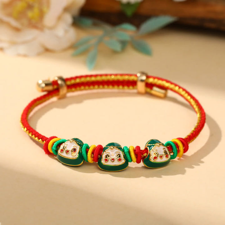 Armband Bunt Zongzi Glück – Glück rotes Seidenband grüne Perlen