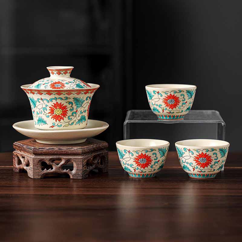 Teetassen Mit Untertassen Gaiwan Sancai Keramik Blumen 4er Set