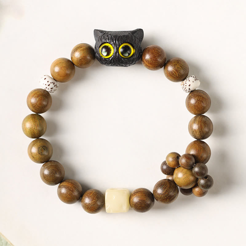 Armband Sandelholz Ebenholz Katze mit gelben Augen Perlen