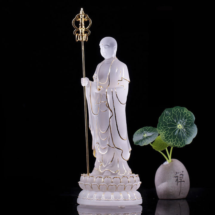 Buddha Statue Ksitigarbha Liuli Kristall Weiß & Gold