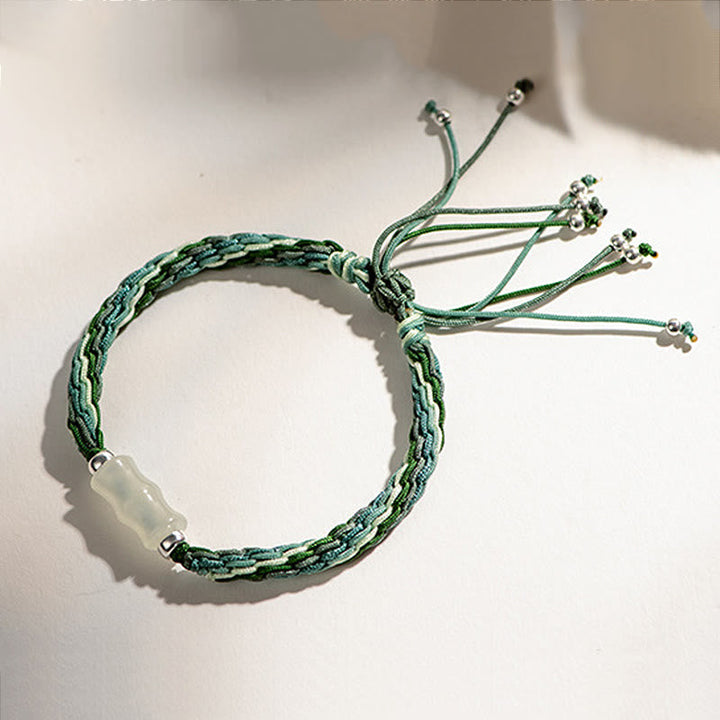 Armband Weiße Jade Bambus grünes Seil elastisch Naturstein Glück Wohlstand