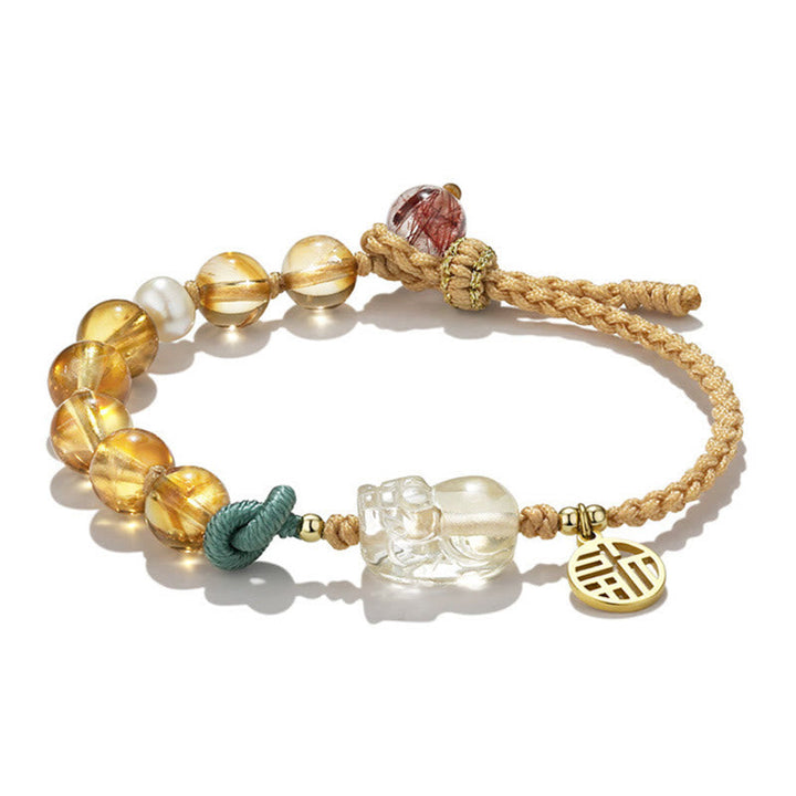 Armband Citrin Fu-Zeichen Wohlstand goldene Perlen Naturstein elastisch.