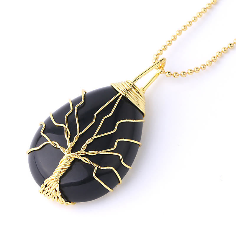 Schwarze Obsidian Kette Lebensbaum Anhänger Goldfarben Heilstein Naturstein