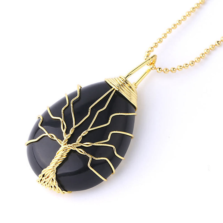 Schwarze Obsidian Kette Lebensbaum Anhänger Goldfarben Heilstein Naturstein