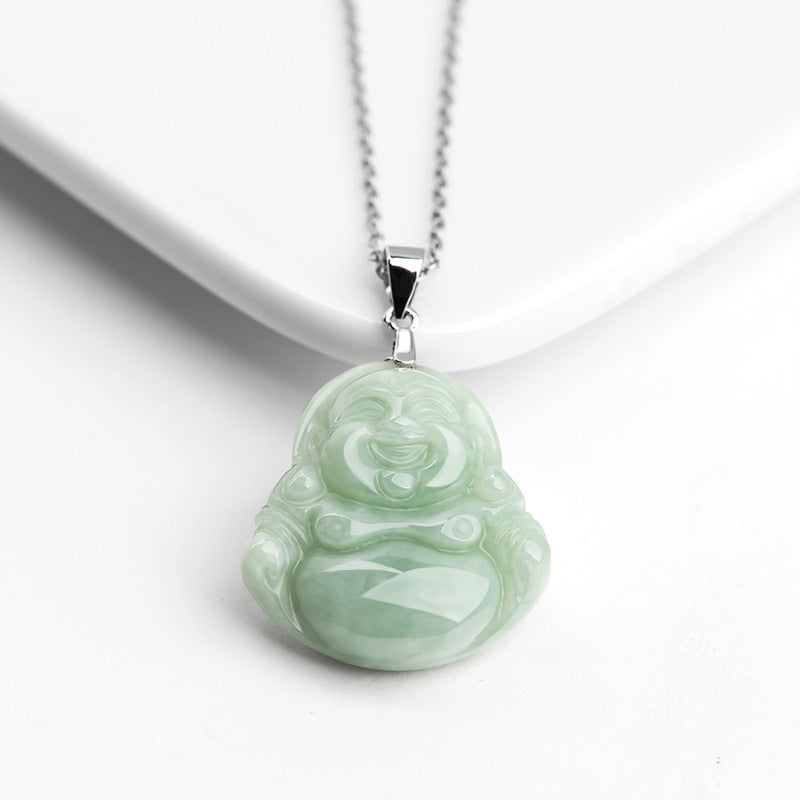 Jade Lachender Buddha Anhänger grüner Stein Silberkette Heilstein Segen