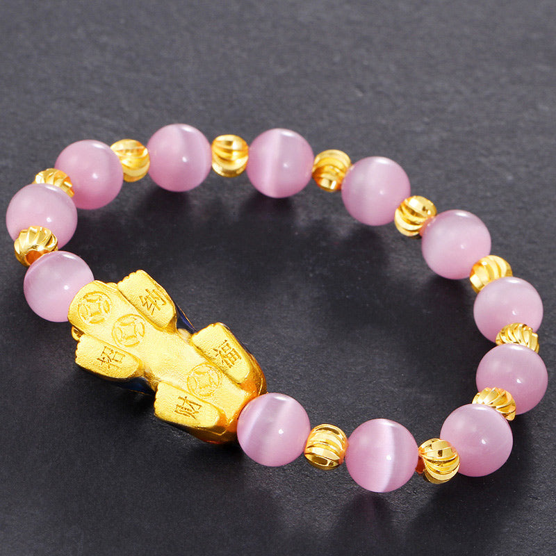 Pixiu Armband mit rosa Quarz und goldenen Perlen Glück Charm