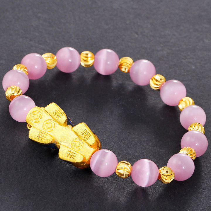 Pixiu Armband mit rosa Quarz und goldenen Perlen Glück Charm