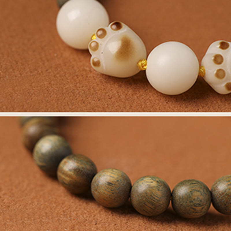 Armband Sandelholz Bodhi Katze weiß gold perlen elastisch