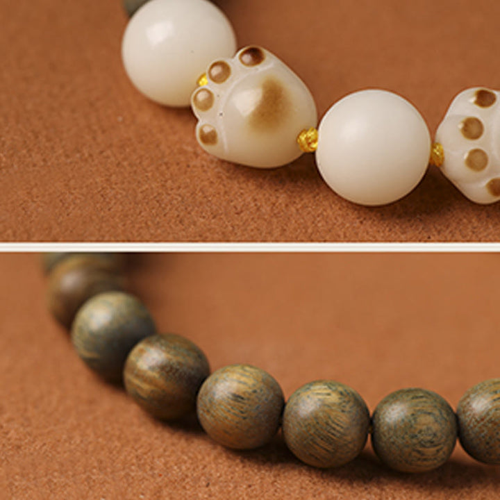 Armband Sandelholz Bodhi Katze weiß gold perlen elastisch