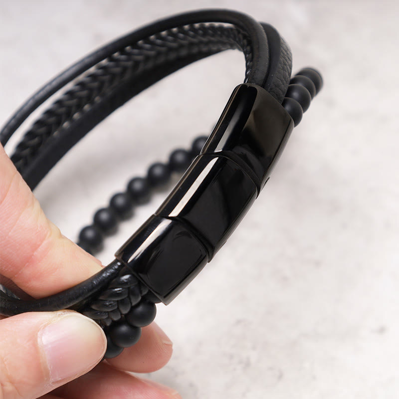 Armband Lava Stein Schwarz Onyx Leder