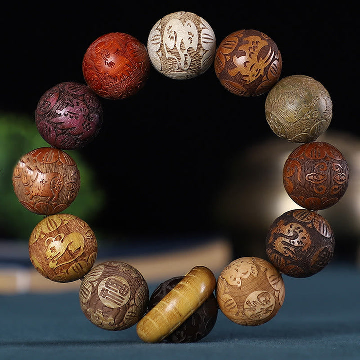 Armband Sandelholz Rosenholz Chinesisches Tierkreis Ruhe Perlen Flachansicht