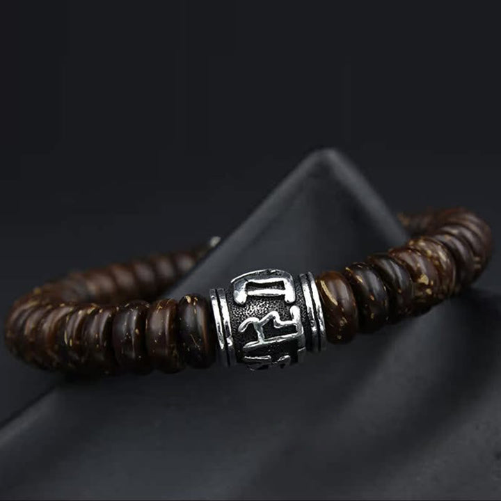 Armband Om Mani Padme Hum – Energie mit braunen Holzperlen und Silberspacer