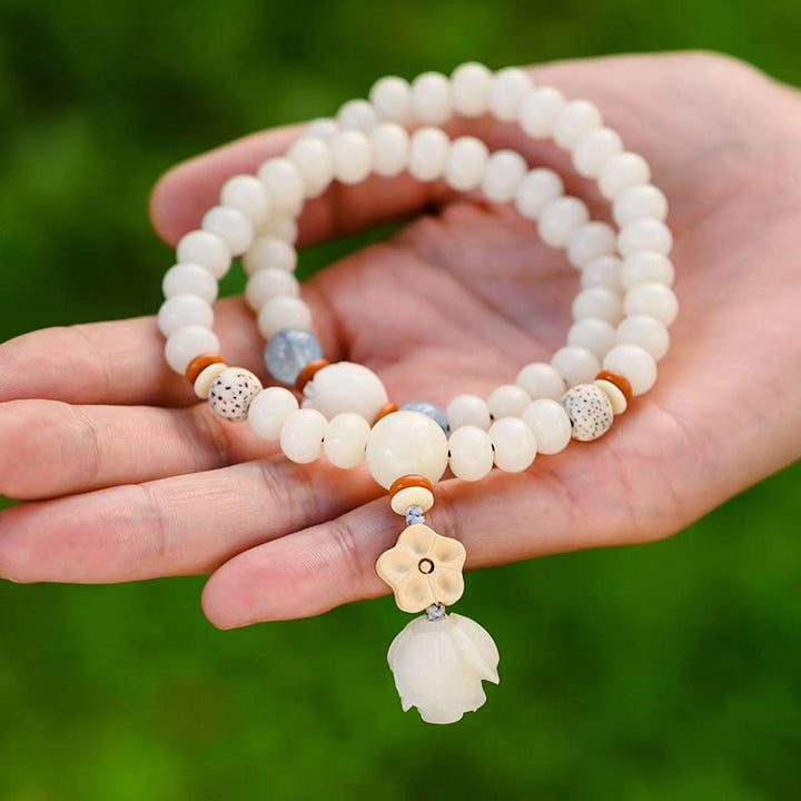 Armband Weiße Jade Bodhi Lotus Segen elastisch Naturstein Handgelenk getragen