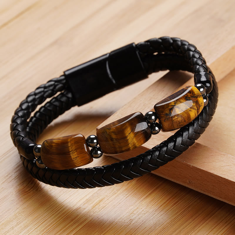 Schwarzes Lederarmband Tigerauge Magnetisch mit braunen Edelsteinen elegant