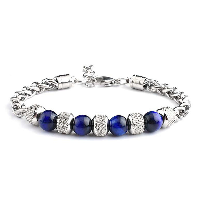 Silbernes Armband mit blauen Steinen und Kettengliedern, Produktfoto