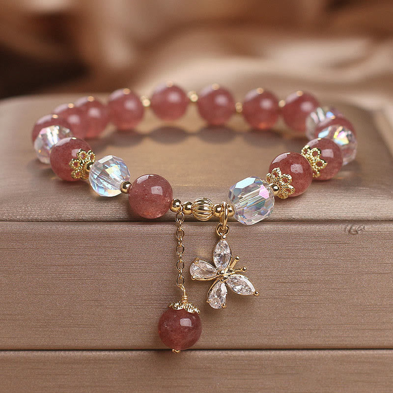 Armband Erdbeerquarz Schmetterling elegant mit Kristallperlen rosé.