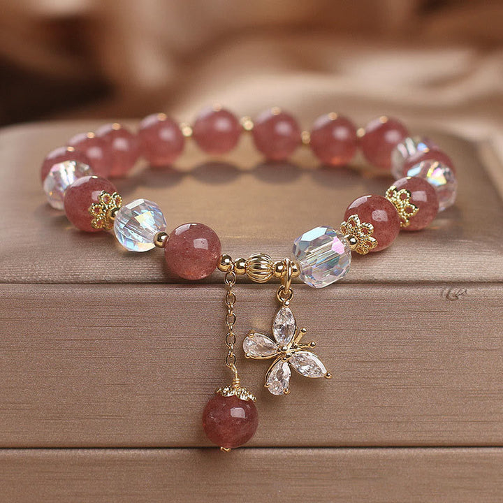 Armband Erdbeerquarz Schmetterling elegant mit Kristallperlen rosé.