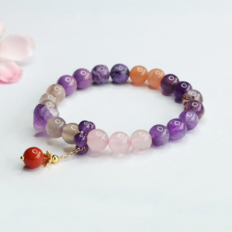 Armband Amethyst Kristall mit Rosenquarz und Karneol Perlen elastisch