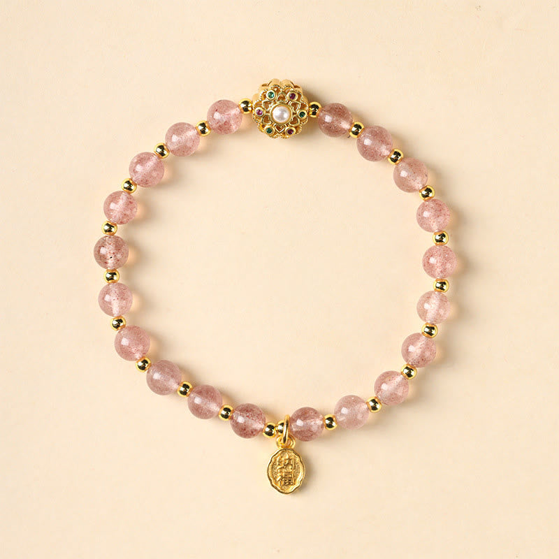 Armband Erdbeerquarz goldfarben Perlen Anhänger eleganter Schmuck