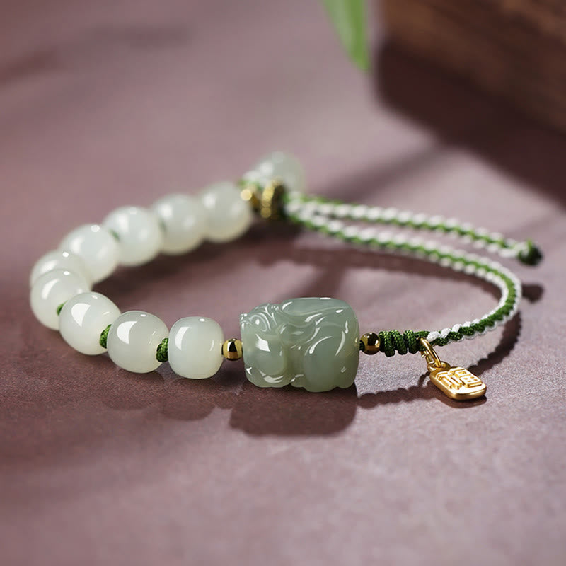 Jade Armband Fu-Zeichen Glück Harmonie grüne weiße Perlen Handgelenk