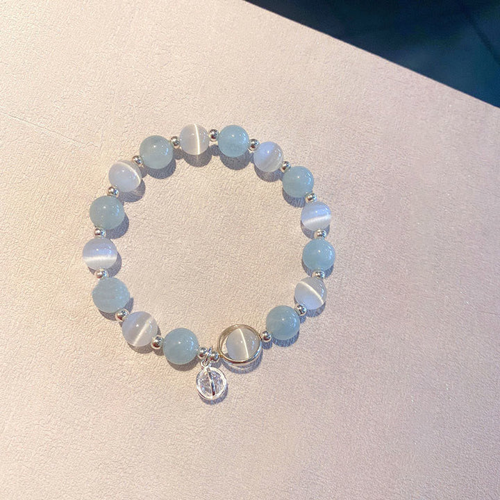 Aquamarin Armband 925 Silber mit Katzenaugen Charm elegant.
