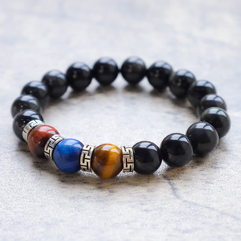 Armband Schwarzer Obsidian Tigerauge Stärke Energie elastisch getragen
