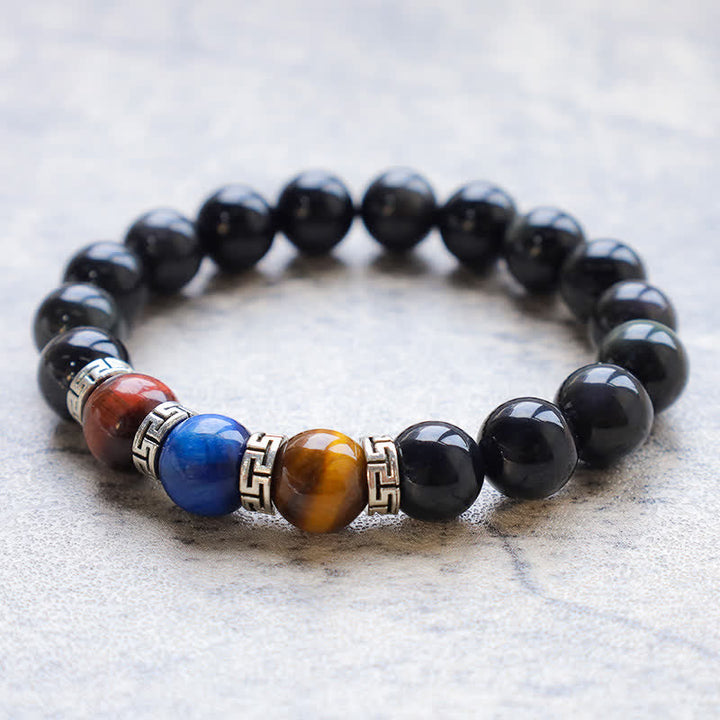 Armband Schwarzer Obsidian Tigerauge Stärke Energie elastisch getragen