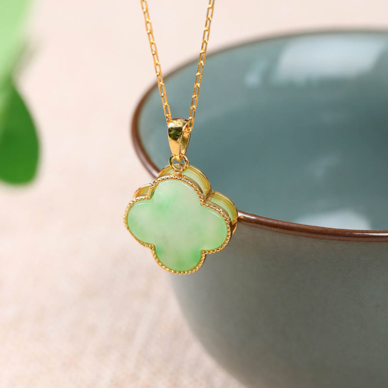 Grüne Jade Buddha Glück Kette Gold Kleeblatt Anhänger