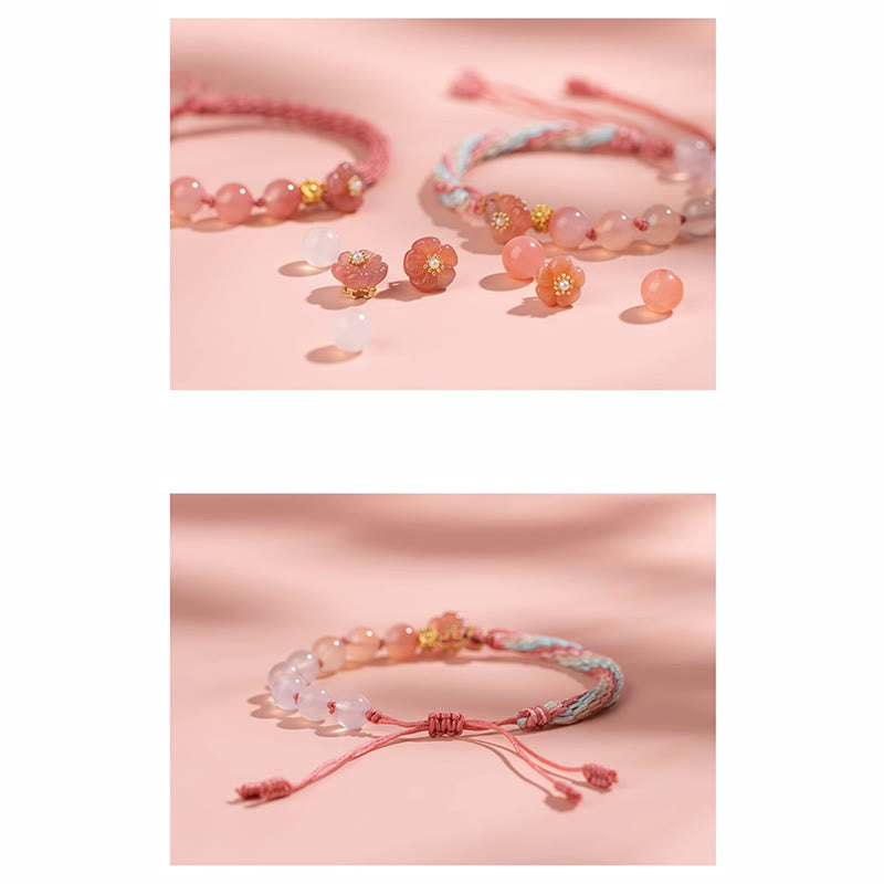 Armband Achat Pfirsichblüte mit rosafarbenen Perlen und Seidenband elastisch.