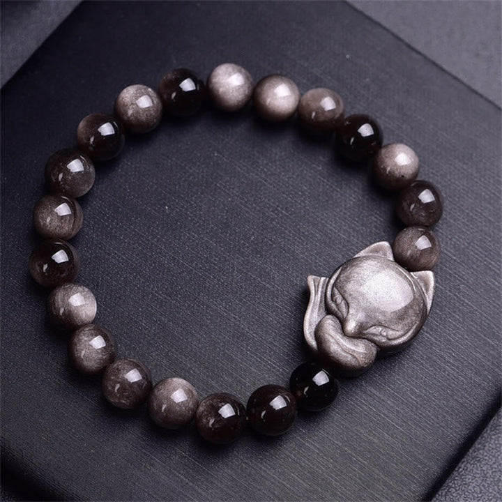 Obsidian Armband Silber Fuchs Schutz schwarze glänzende Perlen elastisch
