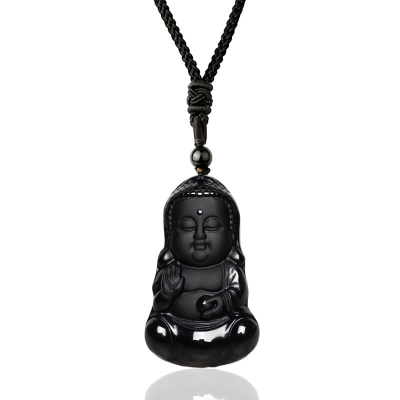 Schwarzer Obsidian Buddha – Stärke & Schutz – Echter Naturstein – Schwarzer Obsidian Buddha Anhänger an Kordel Halskette Schutz