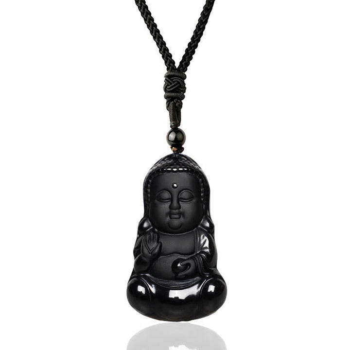 Schwarzer Obsidian Buddha – Stärke & Schutz – Echter Naturstein – Schwarzer Obsidian Buddha Anhänger an Kordel Halskette Schutz
