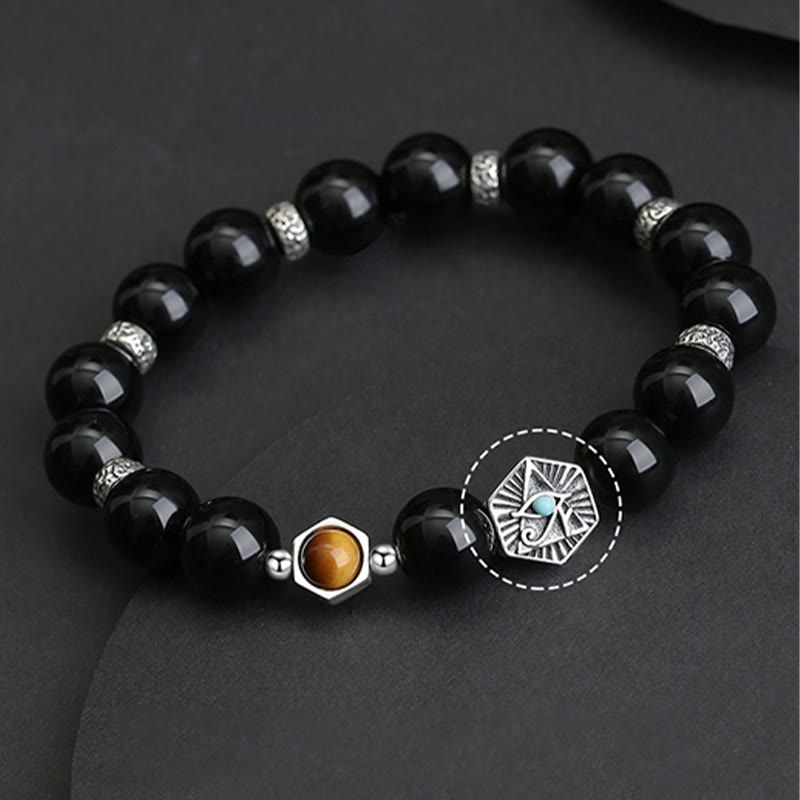 Schwarzes Obsidian Armband 925 Silber mit Katzen-Amulett Naturstein