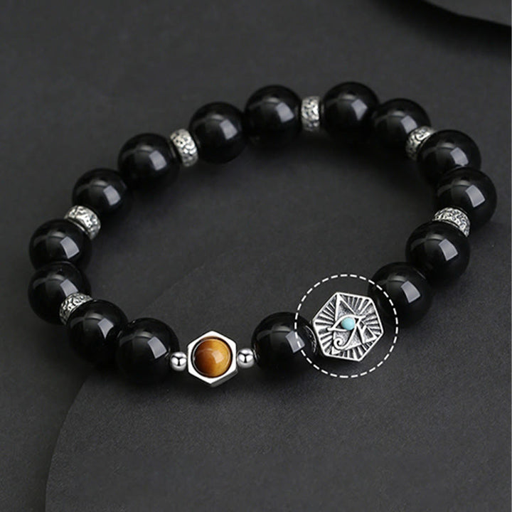 Schwarzes Obsidian Armband 925 Silber mit Katzen-Amulett Naturstein