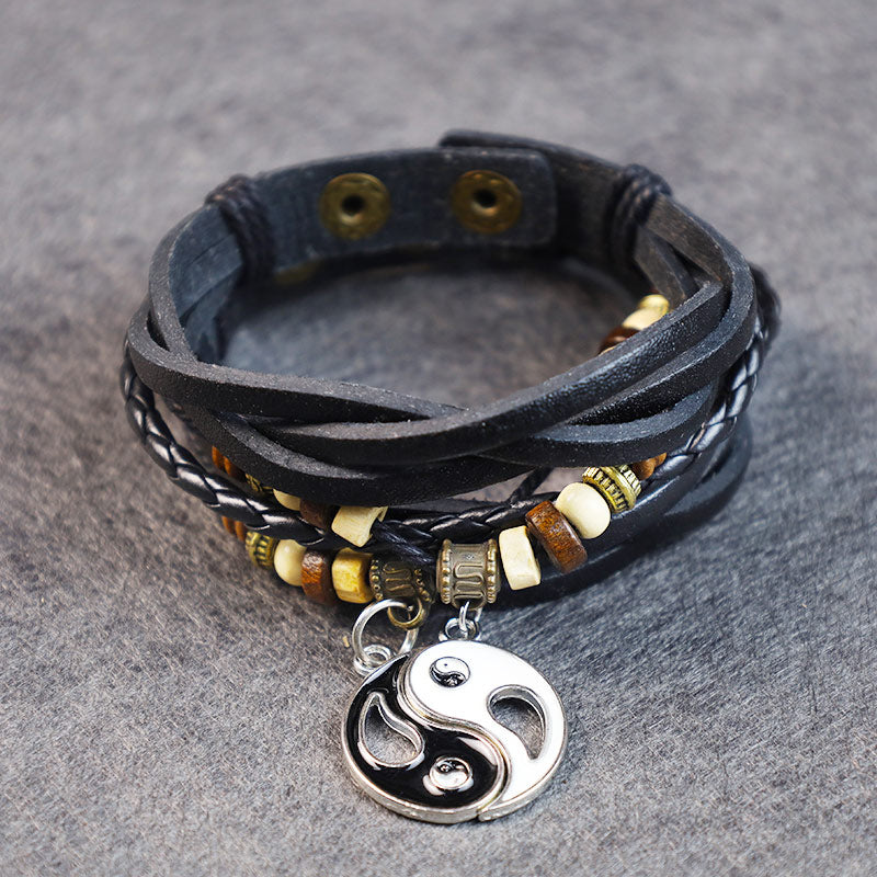 Schwarzes Lederarmband mit Yin Yang Anhänger und Holzperlen Drachen Balance