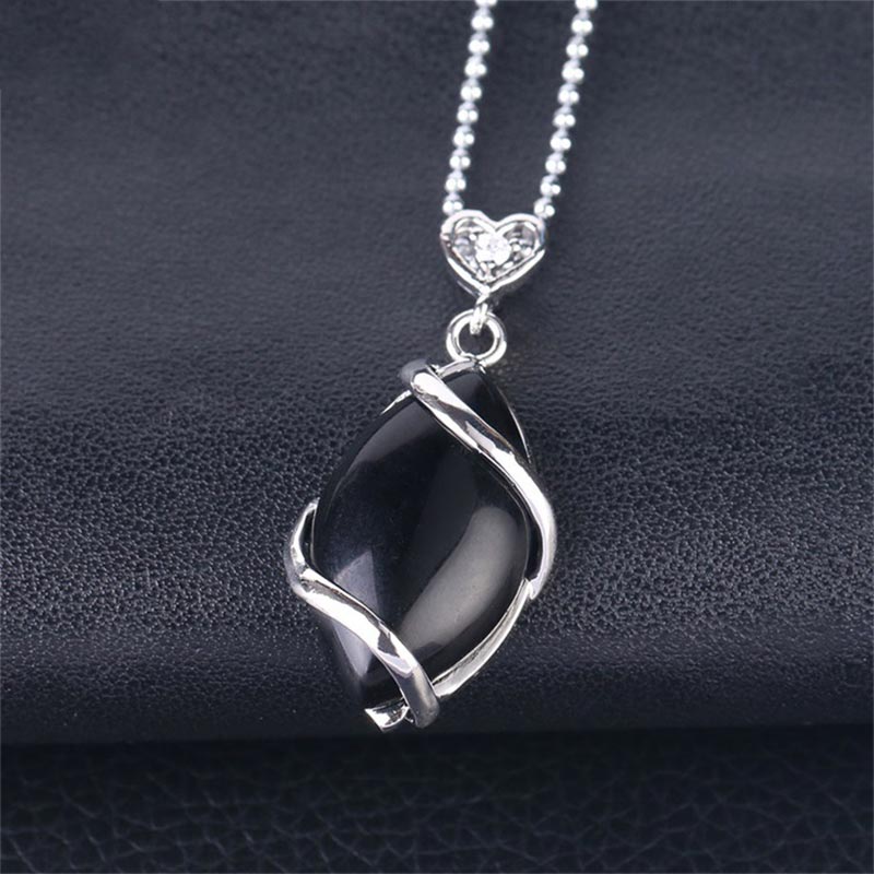 Schwarze Obsidian Kristall Kette mit Herz Anhänger Silber