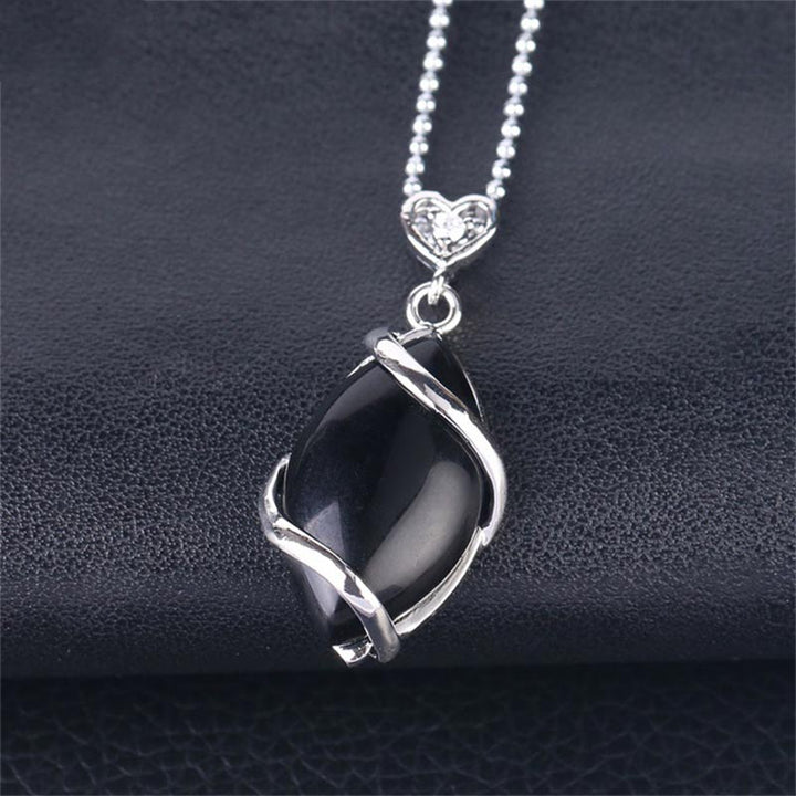 Schwarze Obsidian Kristall Kette mit Herz Anhänger Silber
