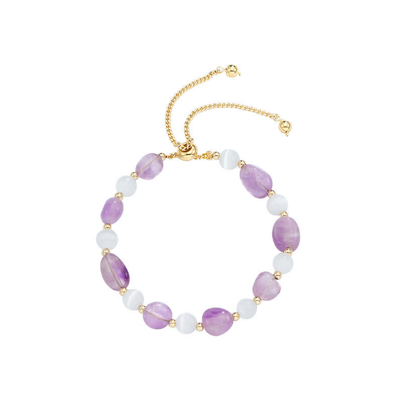 Armband Amethyst Kristall – Harmonie lila weiße Perlen Goldkette verstellbar