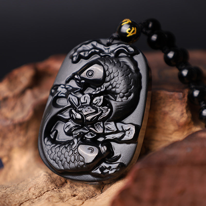 Kette Obsidian Koi Lotus Energie Schutz